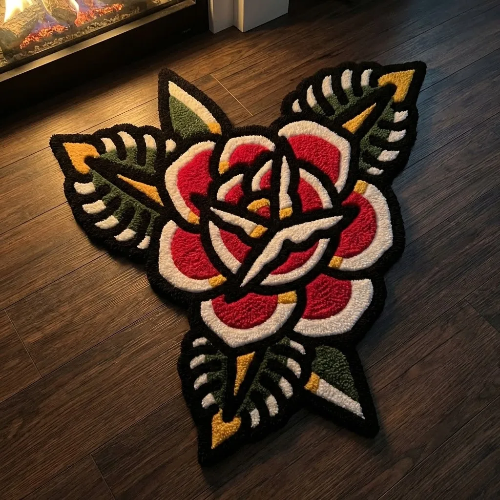 scarlet rose hand tufted wool floral rug Angled view of the Scarlet Rose rug, showing the thick hand-tufted wool pile that adds dimension and texture to the classic "Old School" floral design.