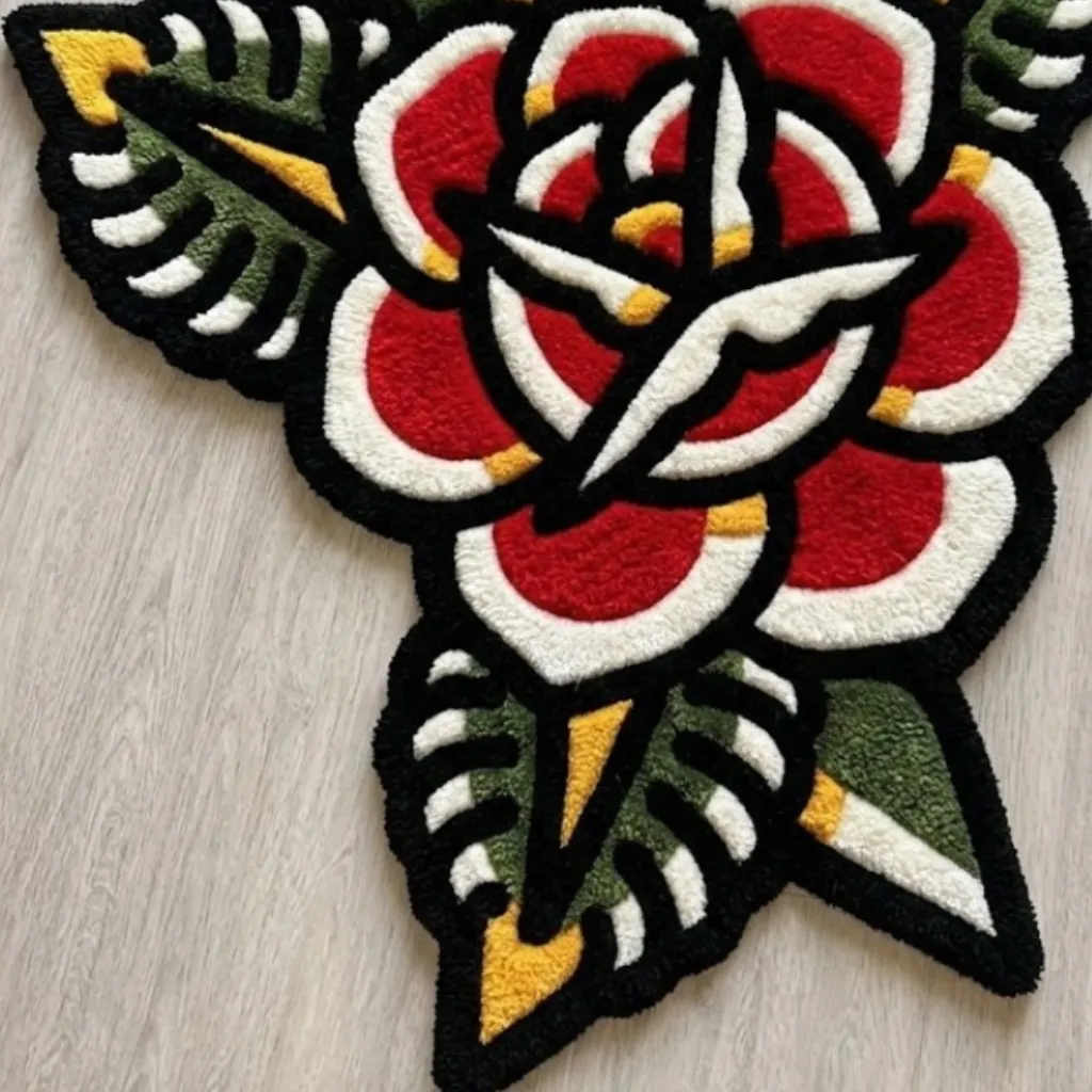 scarlet rose inked red flower rug detail Close-up top down view of the Scarlet Rose rug, highlighting the intricate shading of the deep red petals and bold black tattoo-style outlines.