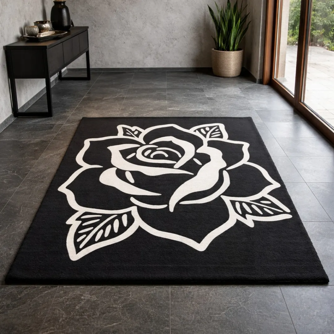 shadow rose rug modern grey living room The Shadow Rose rug styled in a modern living space with grey tiles and minimalist furniture, showing how the black and white design anchors the room.