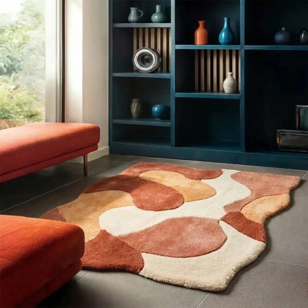 aren morph rug lifestyle Perspective lifestyle view of the Aren Morph rug placed on a grey tile floor, styled next to a burnt orange velvet bench to highlight its unique wavy border and retro-inspired abstract design.