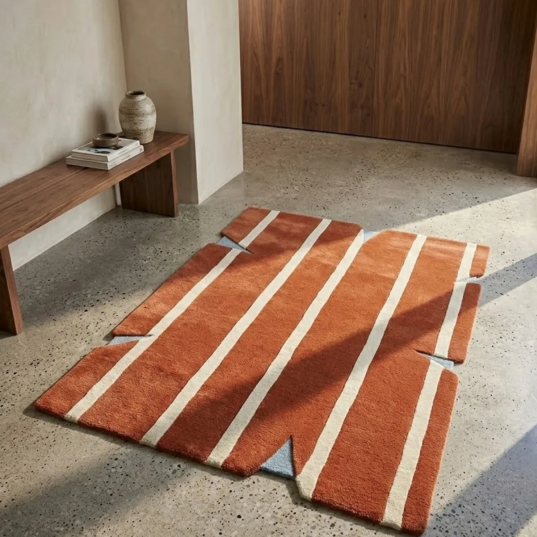 bond break rug lifestyle Perspective lifestyle view of the Bond Break rug placed on a polished concrete floor in a sunlit room, showcasing the striking striped pattern and the unique architectural notched edges.