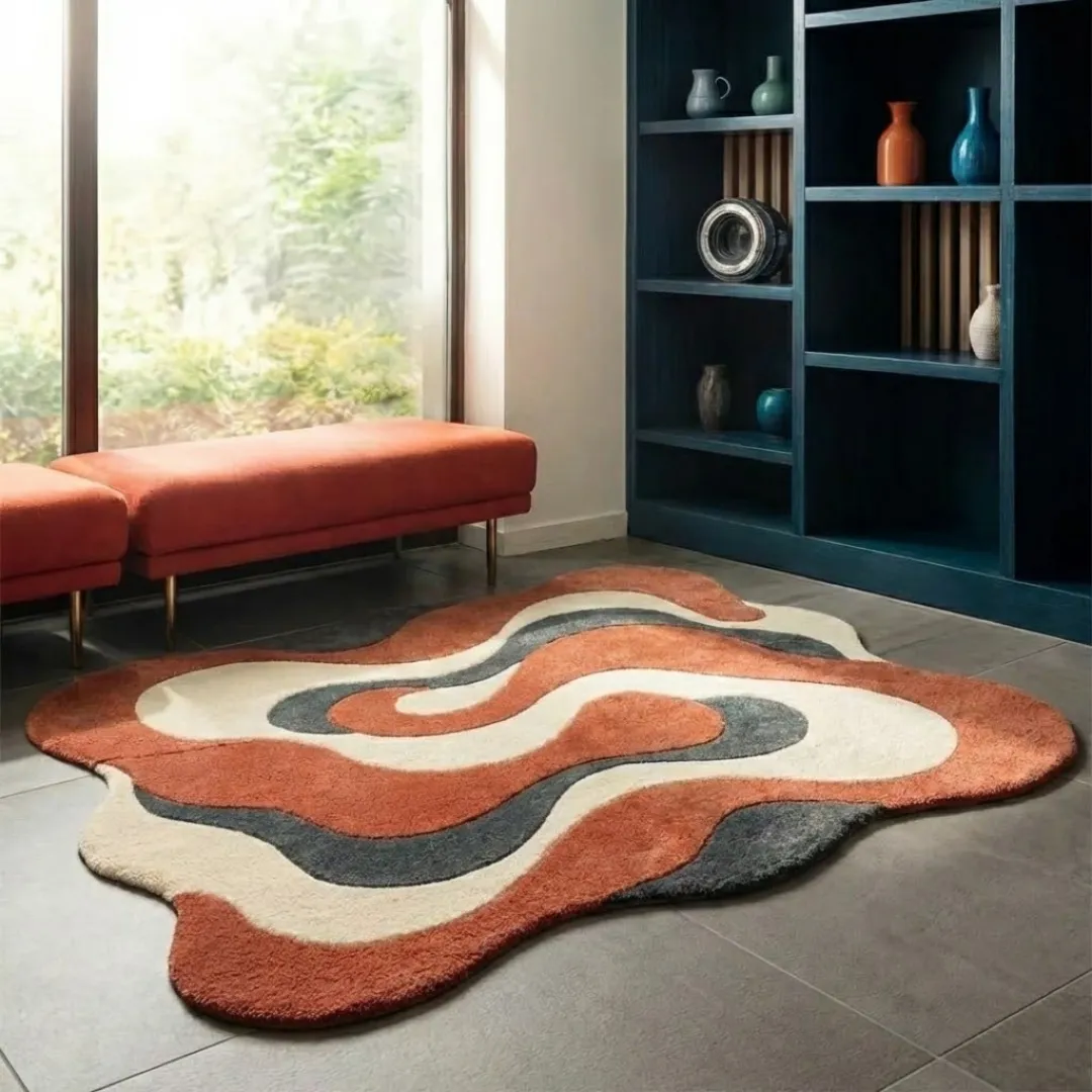 cavaro flow rug angle High-angle lifestyle view of the Cavaro Flow rug showcasing its dense, plush hand-tufted wool texture and the elegant, curved layout of its terracotta, grey, and cream waves in a bright, sunlit modern interior.