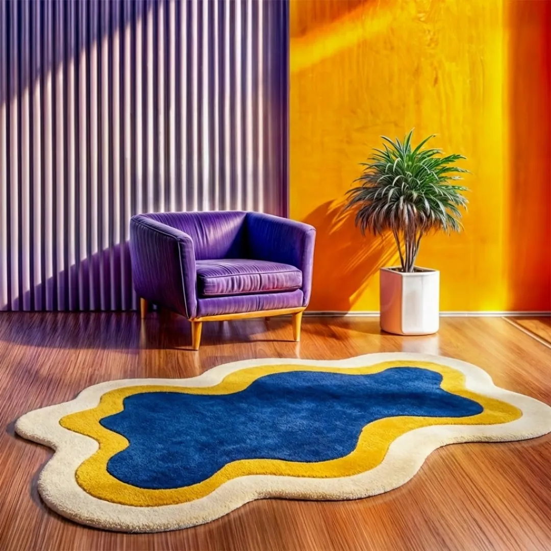 noctail glow rug lifestyle Perspective lifestyle view of the Noctail Glow rug placed on a polished wooden floor in a retro-inspired room, styled with a purple armchair and vibrant orange walls to highlight its unique wavy border and bold contrasting colors.
