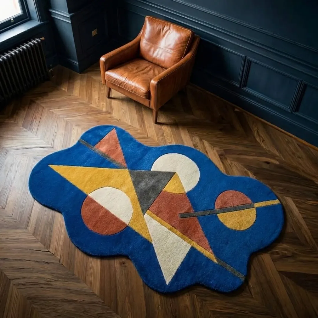 prisma axis rug angle High-angle lifestyle view of the Prisma Axis rug, highlighting the plush hand-tufted wool texture and the interplay of bold primary colors and organic, wavy edges in a sunlit interior.