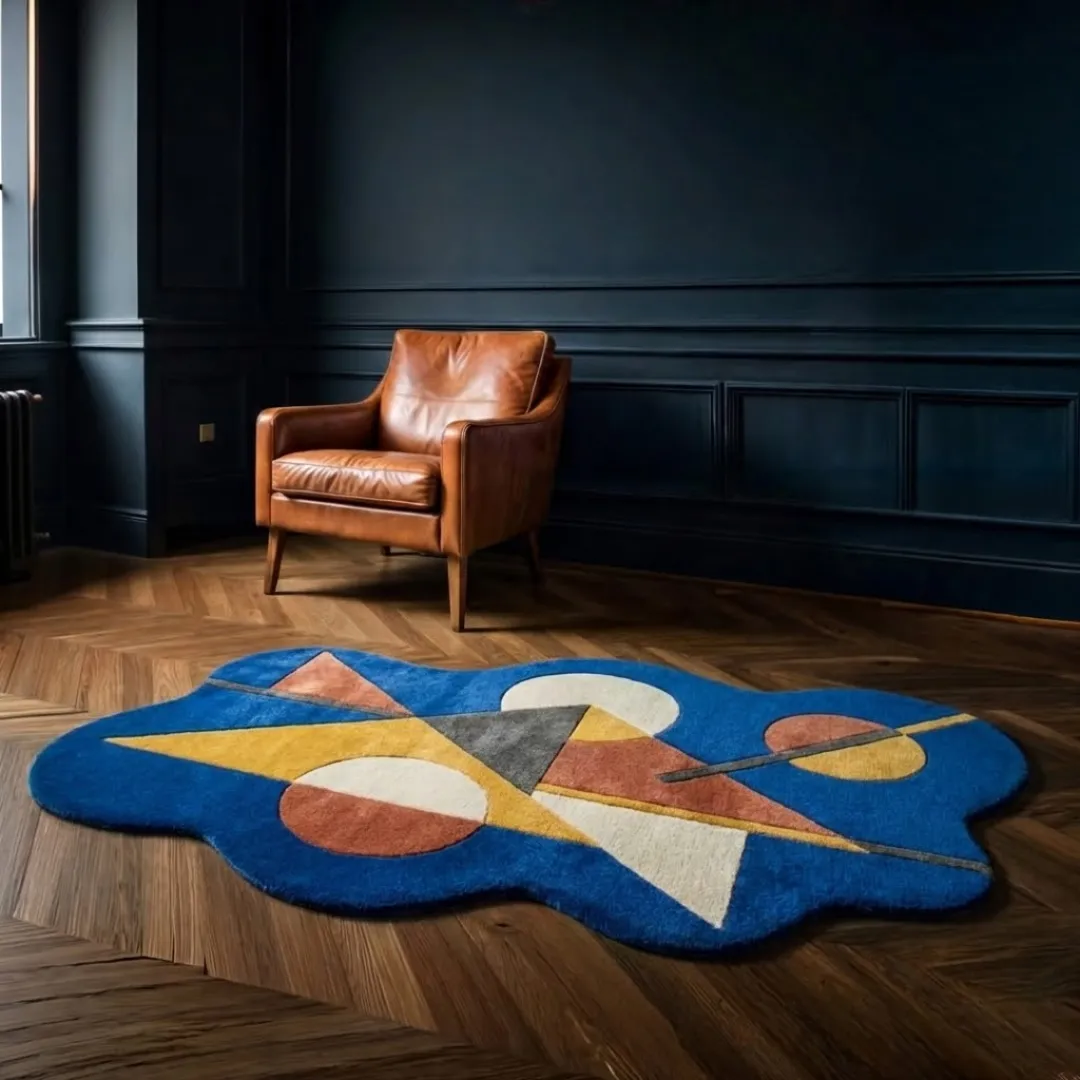 prisma axis rug lifestyle Perspective lifestyle view of the Prisma Axis rug on a dark wood herringbone floor in a modern room with dark blue walls and a leather armchair, showcasing the rug's artistic irregular shape.