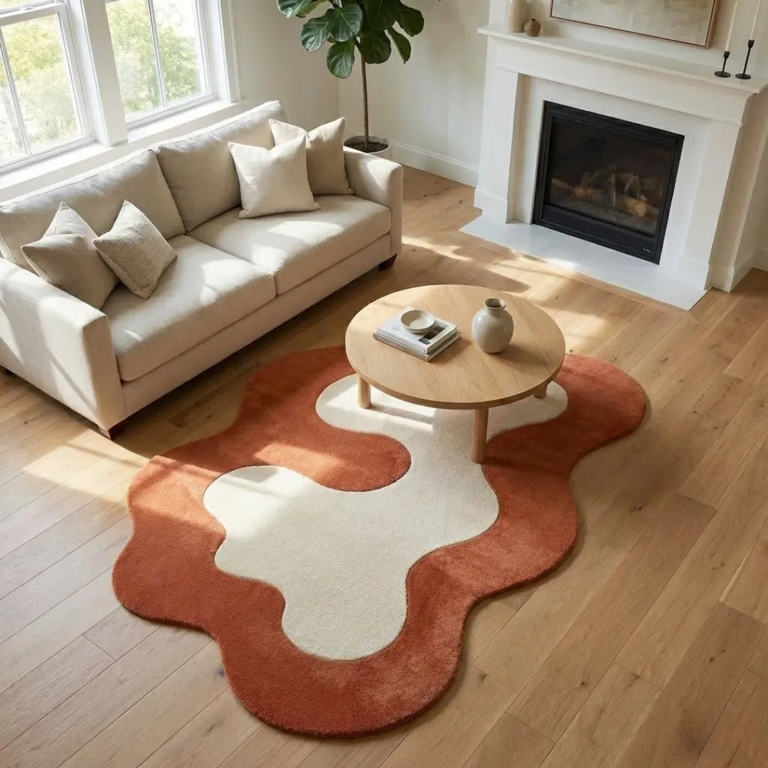 terrand form rug angle A high-angle lifestyle view of the Terrand Form rug, showcasing its plush, hand-tufted wool texture and the elegant, curved contrast between the rich terracotta and soft cream sections in a sunlit interior.