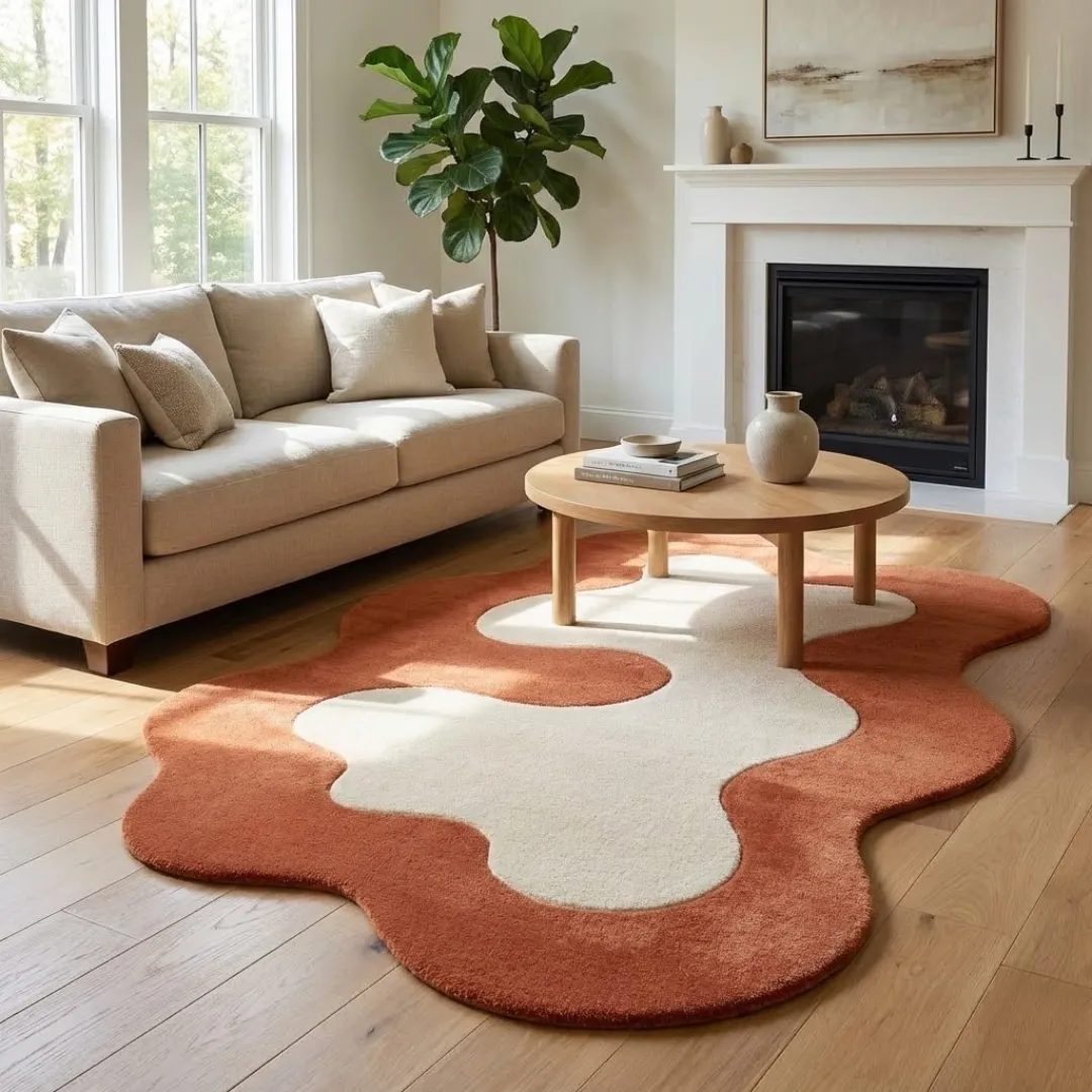 terrand form rug lifestyle Perspective lifestyle view of the Terrand Form rug placed on a light wooden floor in a modern living room, styled under a round wooden coffee table with a neutral sofa and fireplace in the background.
