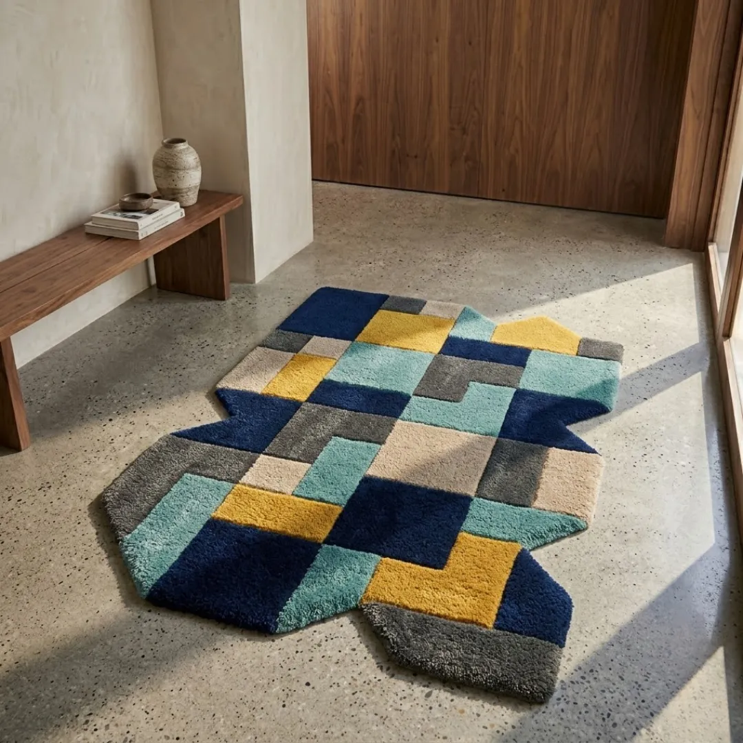 urban relic rug lifestyle Perspective lifestyle view of the Urban Relic rug placed on a polished concrete floor, showcasing the bold repeating geometric pattern and the unique, structured irregular border under natural sunlight.