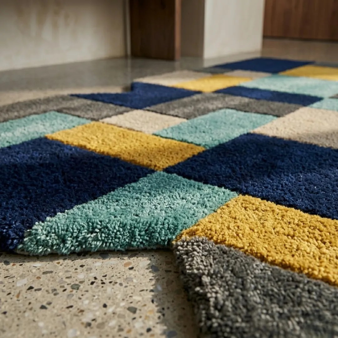 urban relic rug texture Close-up texture detail of the Urban Relic rug, highlighting the plush hand-tufted wool piles and the deeply carved lines that separate the vibrant teal, yellow, and blue geometric sections.