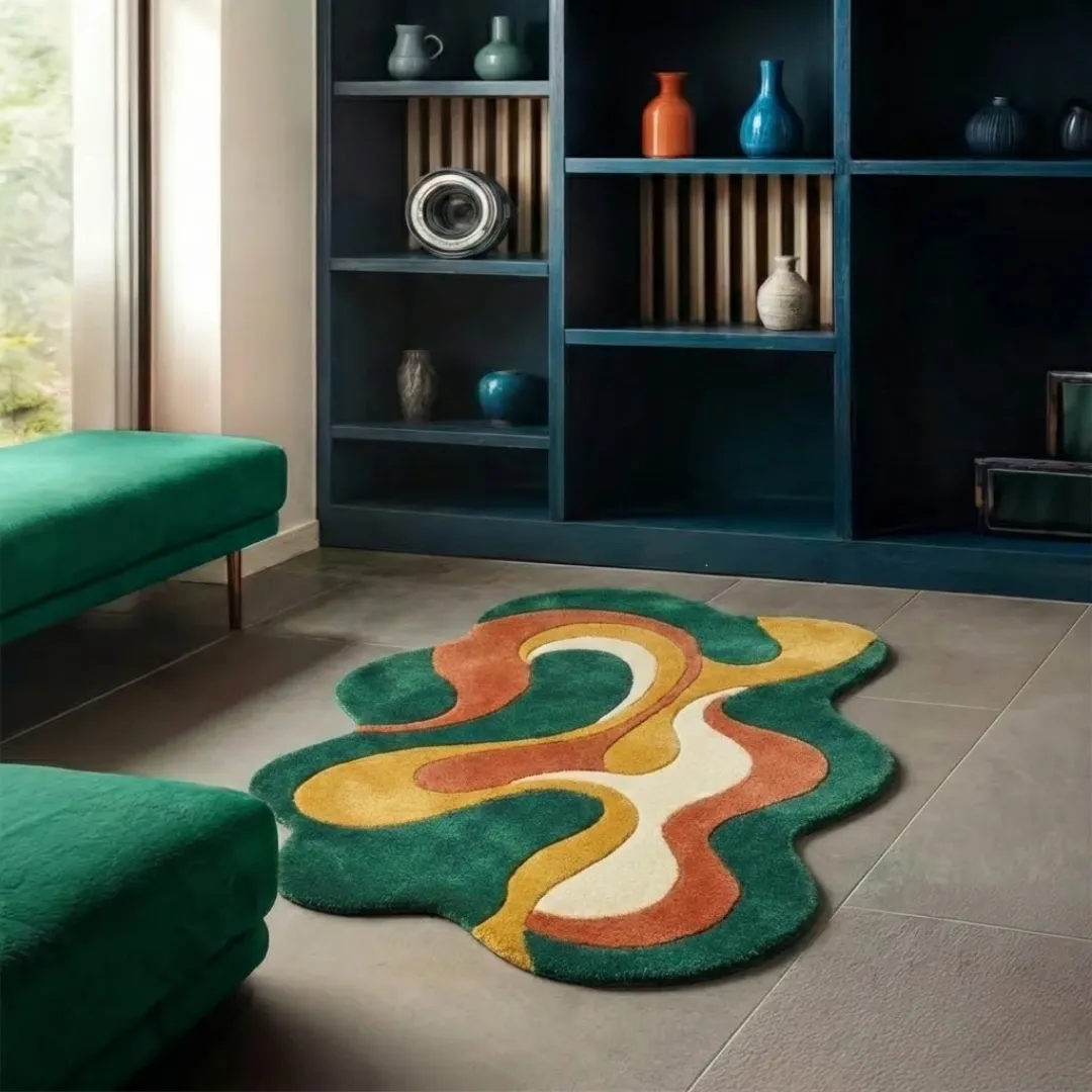 viral wave rug lifestyle Perspective lifestyle view of the Viral Wave rug placed on a grey tile floor in a modern room, styled with green velvet benches to highlight the vibrant, multi-colored wavy design and dense wool texture.