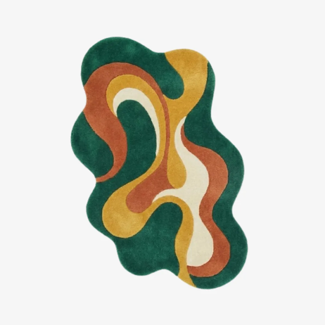 viral wave rug top Top-down view of the Viral Wave rug featuring a fluid, organic wavy silhouette and a dynamic abstract swirling pattern in forest green, terracotta, mustard yellow, and cream.
