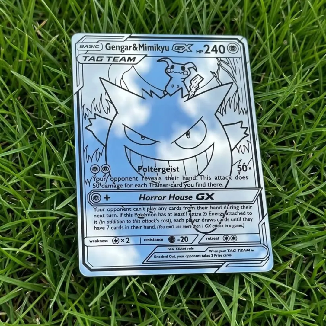 ghost duo mirror decor grass Ghost Duo Mirror Wall Decor featuring an engraved trading card design with spooky characters resting on green grass, reflecting a bright blue sky and clouds.