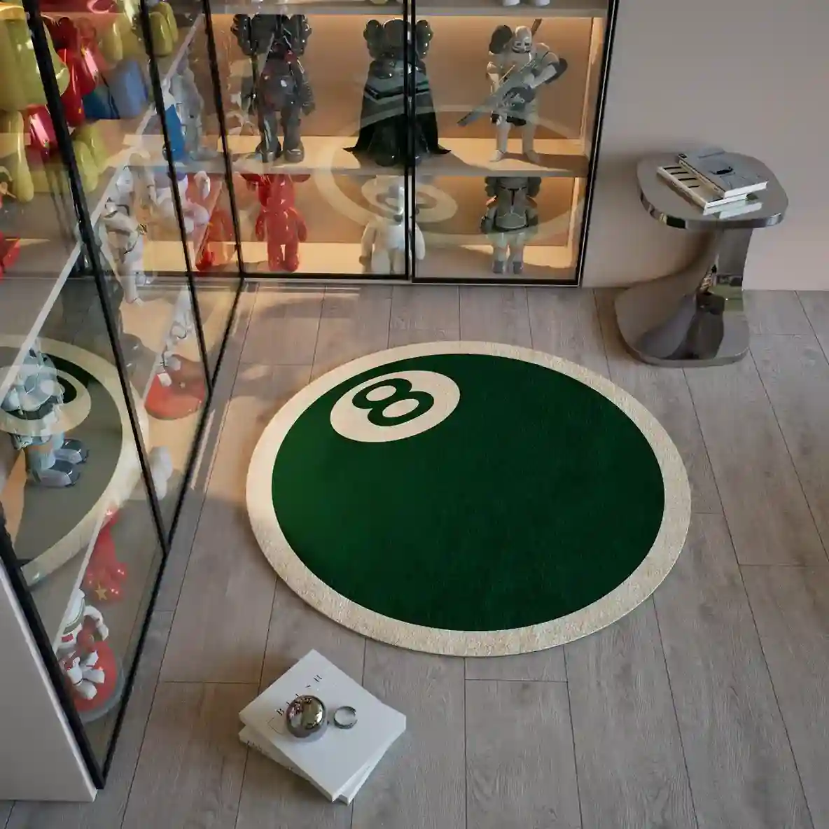 8 Ball Pool Rug – Round black and white billiard rug for game room decor