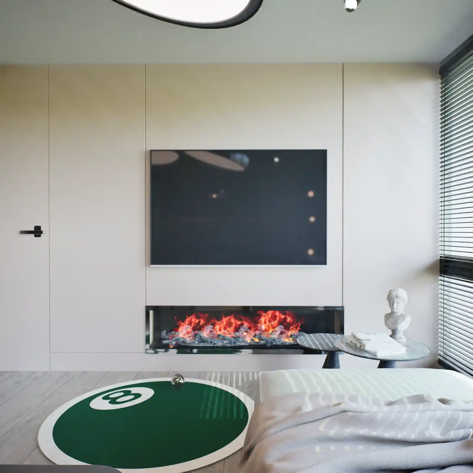8 Ball Pool Rug – Round black and white billiard rug for game room decor
