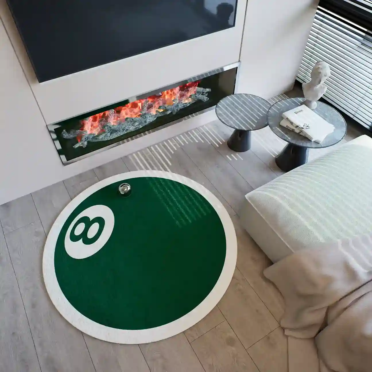 8 Ball Pool Rug – Round black and white billiard rug for game room decor