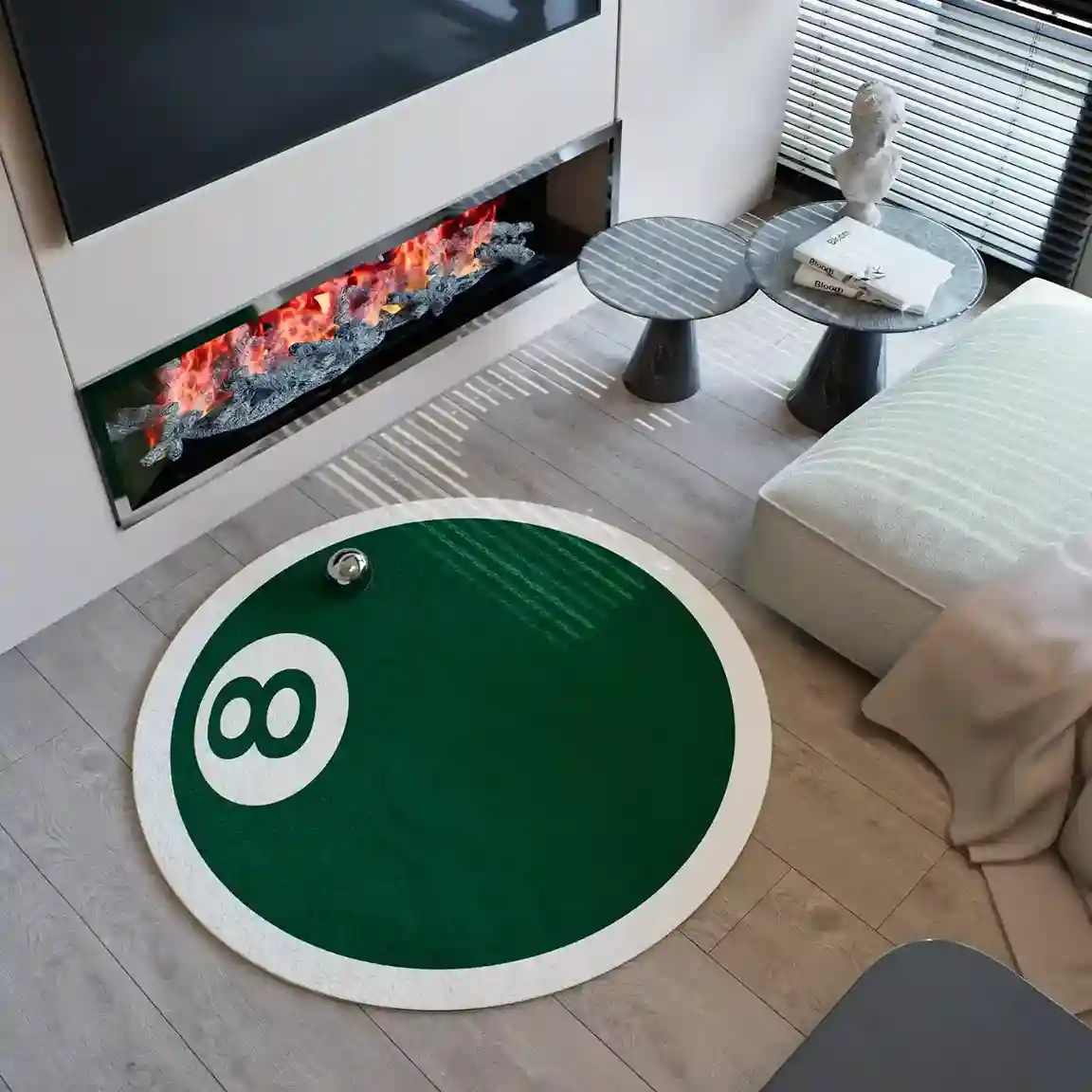 8 Ball Pool Rug – Round black and white billiard rug for game room decor