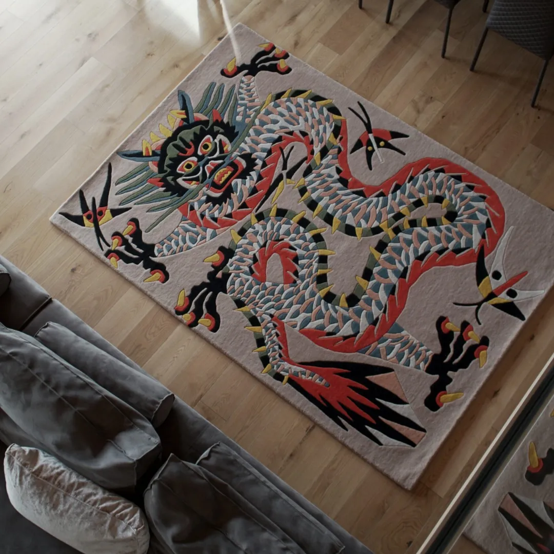 Volkara Hand Tufted Rug Hand-Tufted Dragon Art Rug – Striking Red and Blue Design for Living Room and Home Décor