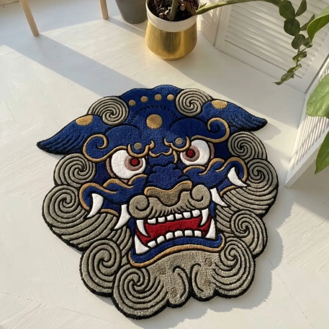 blue foo dog japanese rug white floor An angled top-down view of the Blue Foo Dog Japanese Rug resting on a bright white wooden floor bathed in natural sunlight. The hand-tufted rug is shaped like a traditional guardian lion head, featuring a vibrant blue face, a swirling grey mane, gold accents, and a fierce open-mouthed expression.