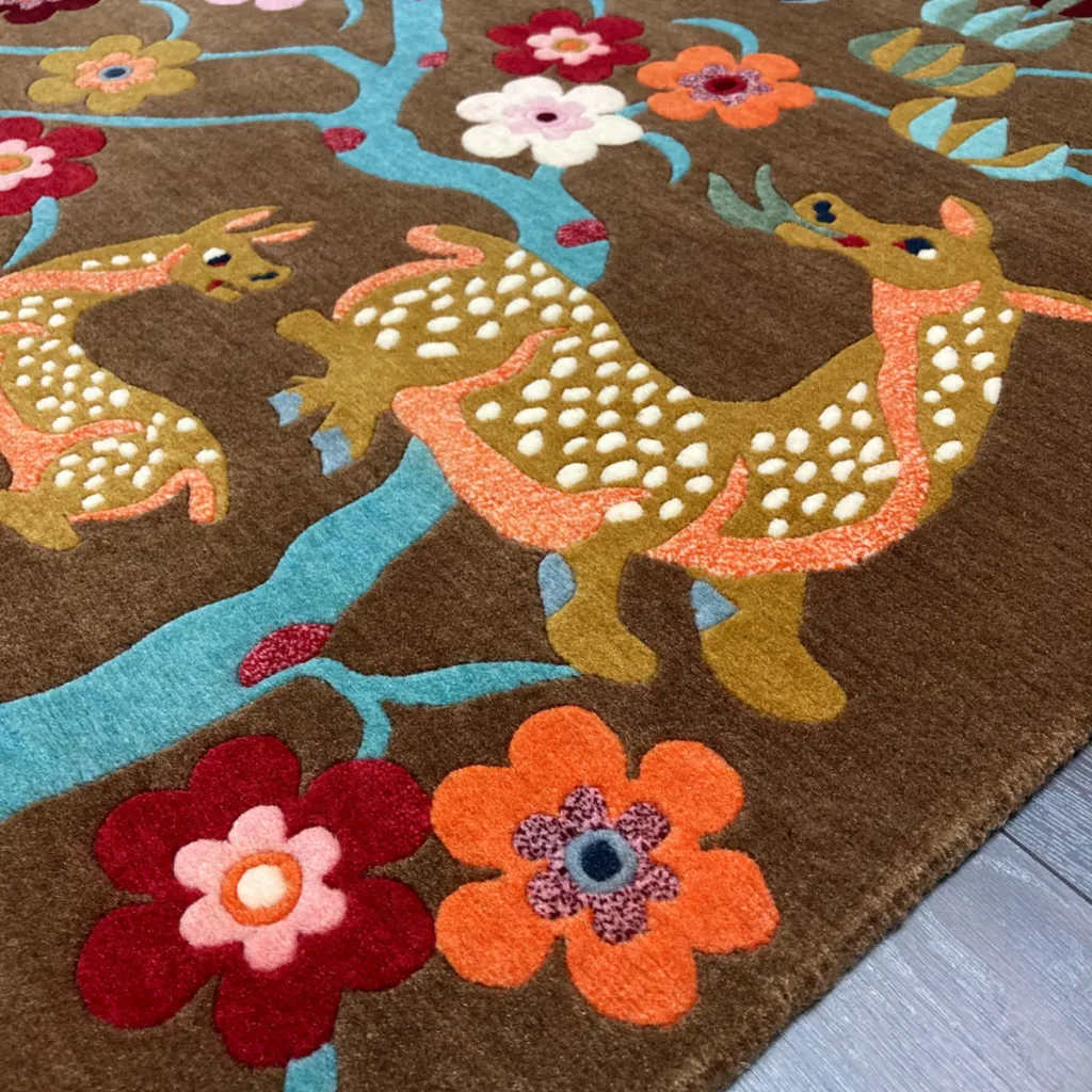 traditional brown pictorial area rug Angled view of the Earthen Story rug displaying the whimsical storytelling aesthetic with stylized animals and plants, perfect for a hallway or corridor.