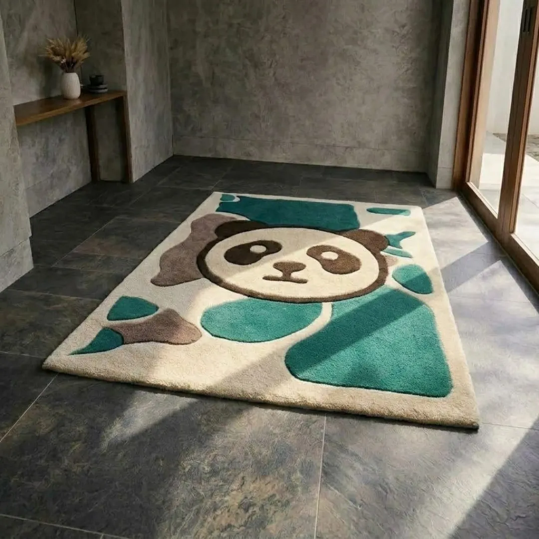 camo heritage area rug interior perspective An angled perspective shot of a hand-tufted camo heritage rug, highlighting its classic camouflage print and high-quality tufted wool texture on a tiled floor near a glass door.