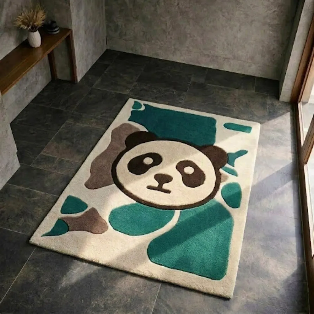 camo heritage area rug product shot A top-down studio product photograph of a rectangular area rug featuring a classic military camouflage pattern in shades of green, brown, and beige, displayed on dark tiled flooring.
