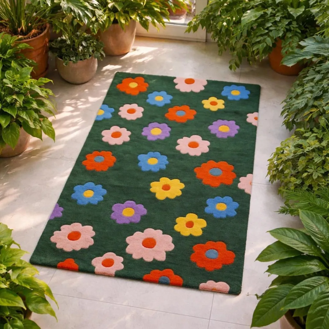 daisy bloom rug sunlit room with plants Top-down view of the rectangular Daisy Bloom Rug placed on a light tile floor surrounded by lush green potted plants in a bright, sunlit room. The tufted rug features a dark green background scattered with colorful daisy flowers in pink, orange, blue, yellow, and purple.